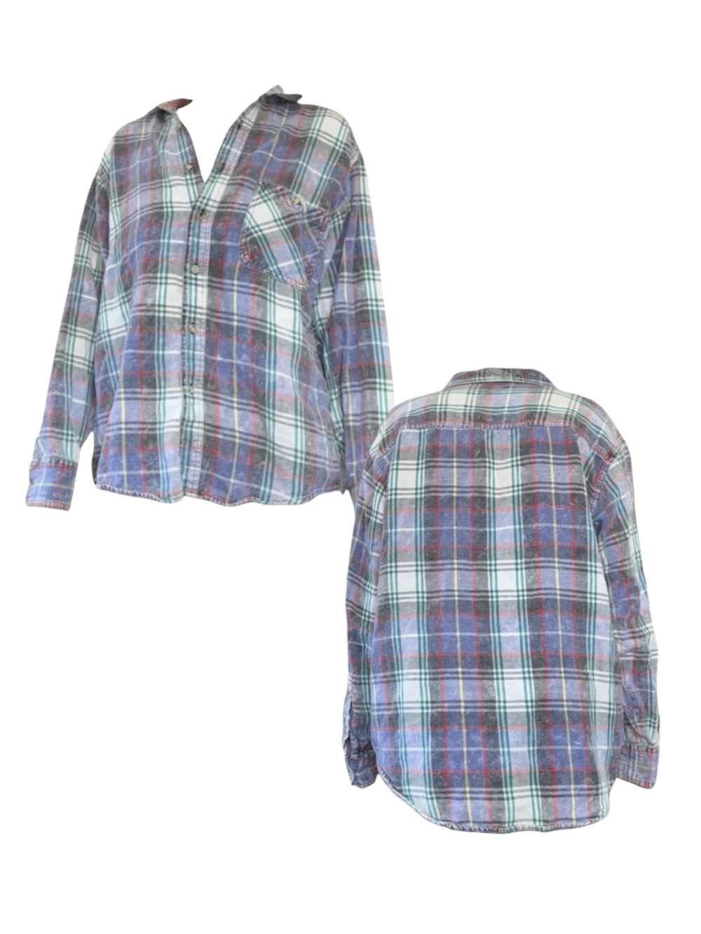 Faded Washed Blue, Red, White, Black, Green Flannel